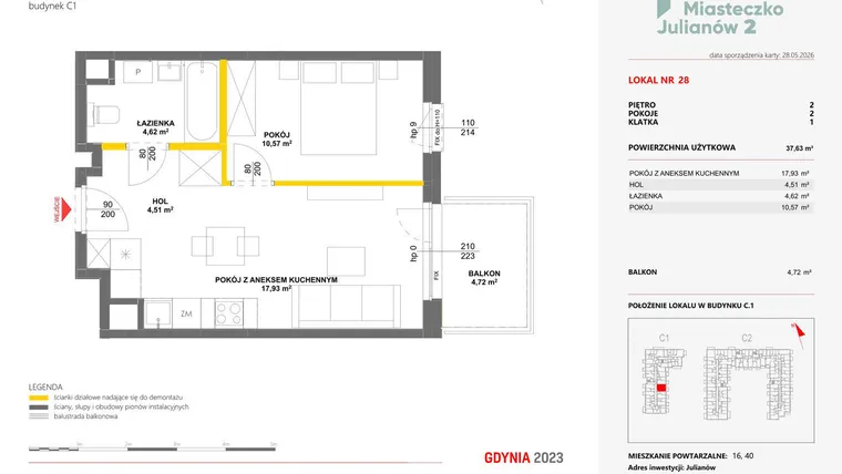 Rzut - Mieszkanie na sprzedaż 2 pokoje o powierzchni 37,63 m² - numer 28 w Miasteczko Julianów etap 2