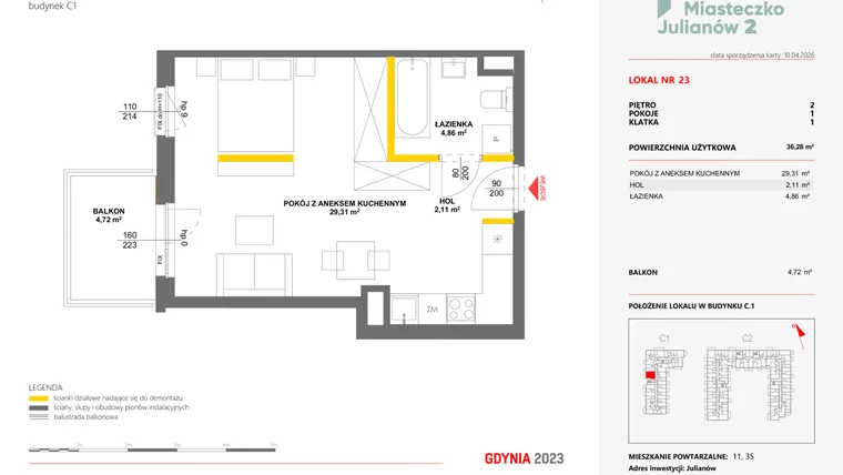 Rzut - Mieszkanie na sprzedaż 1 pokój o powierzchni 36,28 m² - numer 23 w Miasteczko Julianów etap 2