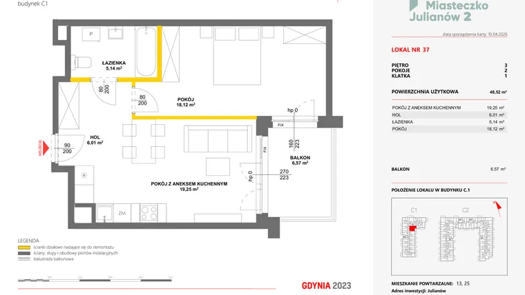 Rzut - Mieszkanie na sprzedaż 2 pokoje o powierzchni 48,52 m² - numer 37 w Miasteczko Julianów etap 2