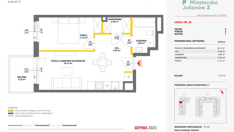 Rzut - Mieszkanie na sprzedaż 2 pokoje o powierzchni 41,65 m² - numer 36 w Miasteczko Julianów etap 2