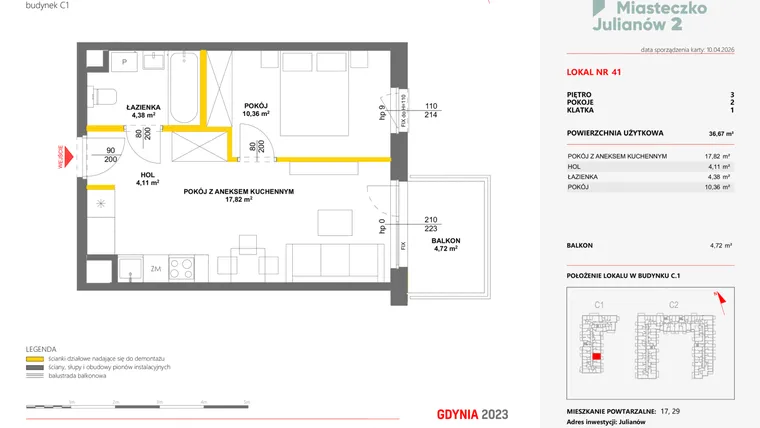 Rzut - Mieszkanie na sprzedaż 2 pokoje o powierzchni 36,67 m² - numer 41 w Miasteczko Julianów etap 2