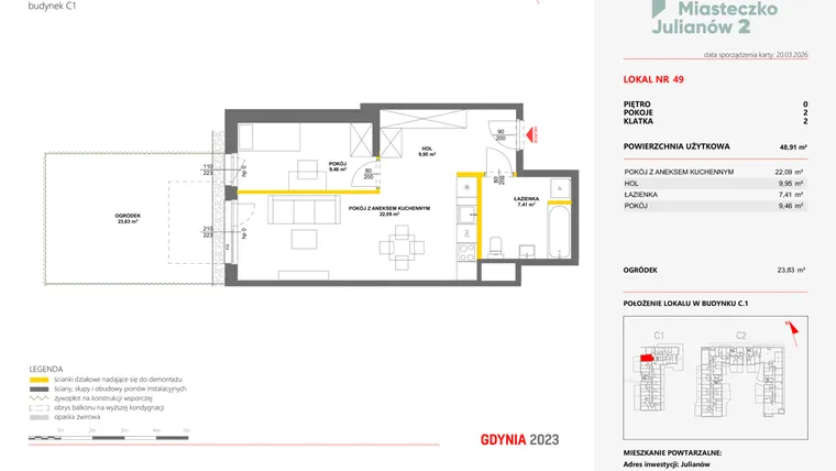 Rzut - Mieszkanie na sprzedaż 2 pokoje o powierzchni 48,91 m² - numer 49 w Miasteczko Julianów etap 2