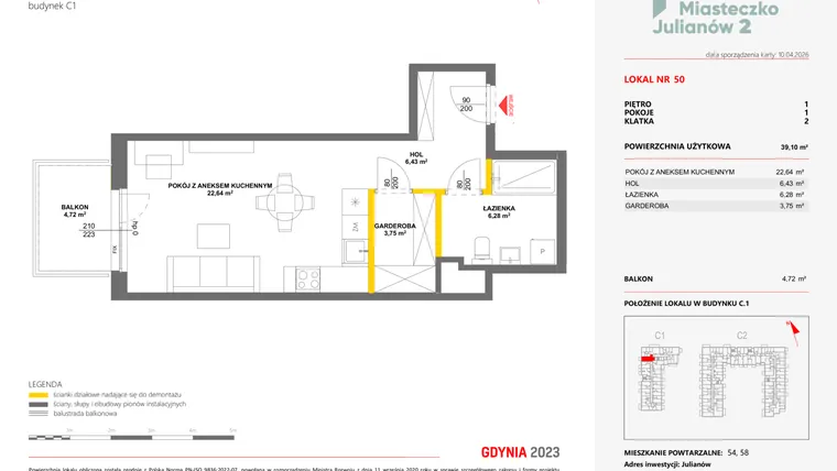 Rzut - Mieszkanie na sprzedaż 1 pokój o powierzchni 39,1 m² - numer 50 w Miasteczko Julianów etap 2