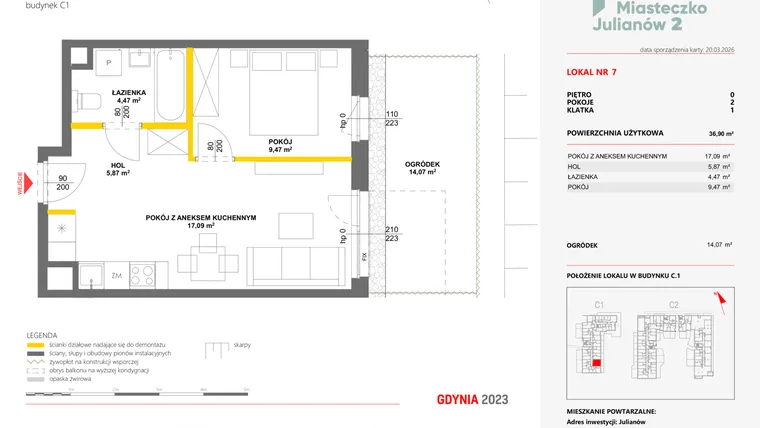 Rzut - Mieszkanie na sprzedaż 2 pokoje o powierzchni 36,9 m² - numer 7 w Miasteczko Julianów etap 2