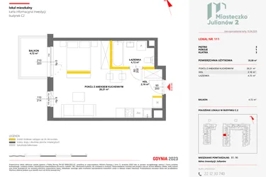 Rzut - Mieszkanie na sprzedaż 1 pokój o powierzchni 35,09 m² - numer 111 w Miasteczko Julianów etap 2