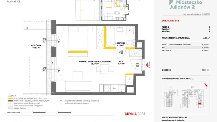 Rzut - Mieszkanie na sprzedaż 1 pokój o powierzchni 34,81 m² - numer 143 w Miasteczko Julianów etap 2