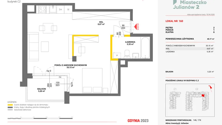 Rzut - Mieszkanie na sprzedaż 1 pokój o powierzchni 49,17 m² - numer 160 w Miasteczko Julianów etap 2