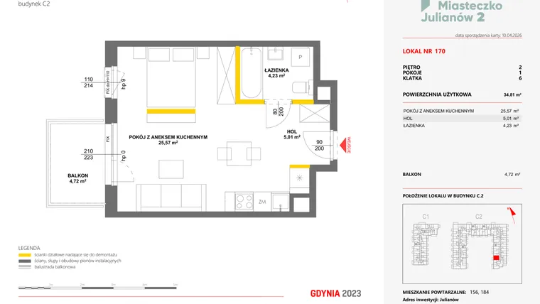 Rzut - Mieszkanie na sprzedaż 1 pokój o powierzchni 34,81 m² - numer 170 w Miasteczko Julianów etap 2