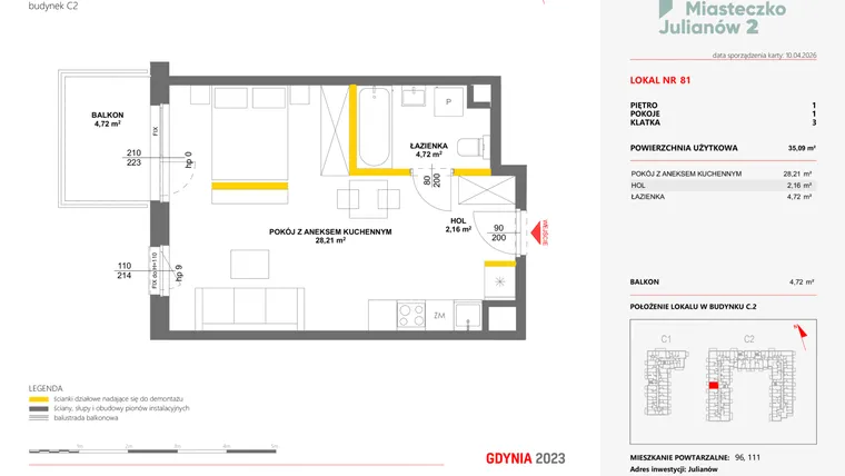 Rzut - Mieszkanie na sprzedaż 1 pokój o powierzchni 35,09 m² - numer 81 w Miasteczko Julianów etap 2