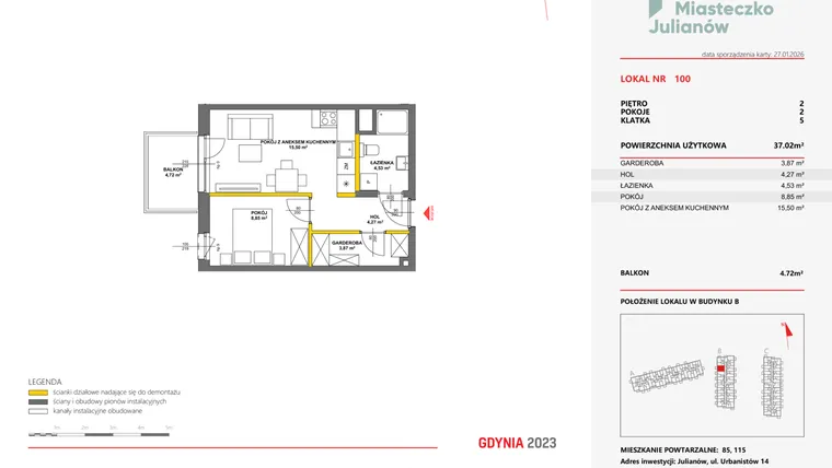 Rzut - Mieszkanie na sprzedaż 2 pokoje o powierzchni 36,82 m² - numer 100 w Miasteczko Julianów