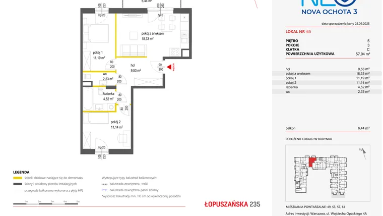 Rzut - Mieszkanie na sprzedaż 3 pokoje o powierzchni 57,04 m² - numer 65 w Neo Nova Ochota 3