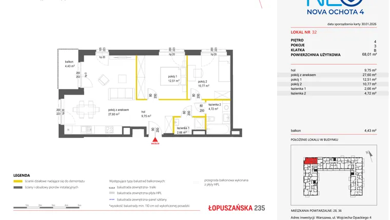 Rzut - Mieszkanie na sprzedaż 3 pokoje o powierzchni 68,01 m² - numer 32 w Neo Nova Ochota 4
