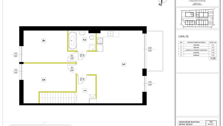 Rzut - Mieszkanie na sprzedaż 3 pokoje o powierzchni 73,9 m² - numer D2 w Rezydencja Miłosna
