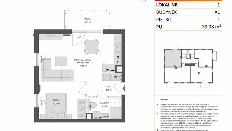 Rzut - Mieszkanie na sprzedaż 2 pokoje o powierzchni 39,98 m² - numer A1.1 w Gdańskie Zacisze