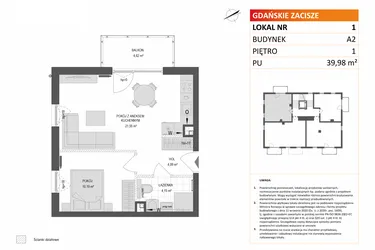 Rzut - Mieszkanie na sprzedaż 2 pokoje o powierzchni 39,98 m² - numer A2.1 w Gdańskie Zacisze
