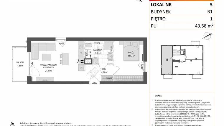 Rzut - Mieszkanie na sprzedaż 2 pokoje o powierzchni 43,58 m² - numer B1.5 w Gdańskie Zacisze