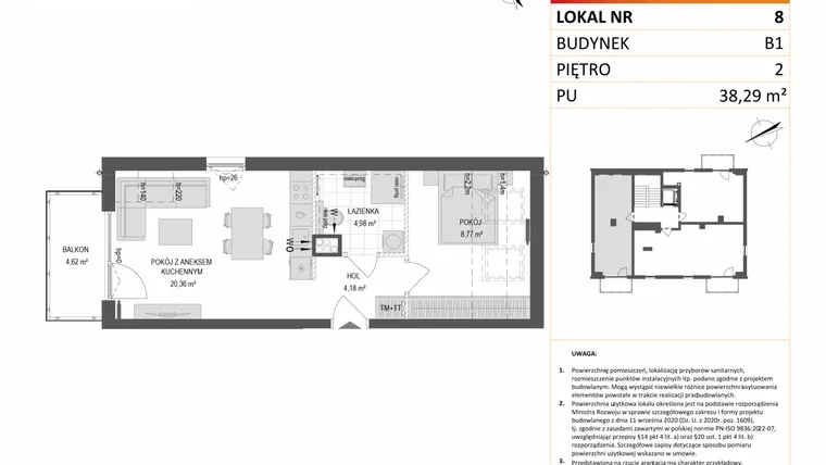 Rzut - Mieszkanie na sprzedaż 2 pokoje o powierzchni 38,29 m² - numer B1.8 w Gdańskie Zacisze