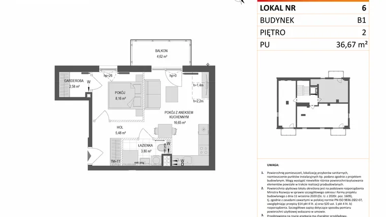 Rzut - Mieszkanie na sprzedaż 2 pokoje o powierzchni 36,67 m² - numer B1.6 w Gdańskie Zacisze