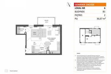Rzut - Mieszkanie na sprzedaż 2 pokoje o powierzchni 36,67 m² - numer B1.6 w Gdańskie Zacisze