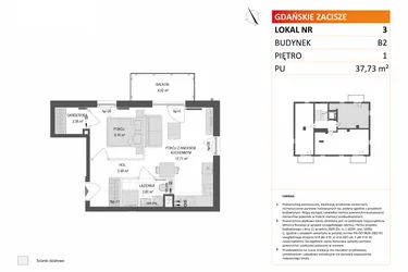 Rzut - Mieszkanie na sprzedaż 2 pokoje o powierzchni 37,73 m² - numer B2.3 w Gdańskie Zacisze