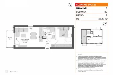 Rzut - Mieszkanie na sprzedaż 2 pokoje o powierzchni 38,29 m² - numer B2.8 w Gdańskie Zacisze