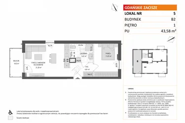 Rzut - Mieszkanie na sprzedaż 2 pokoje o powierzchni 43,58 m² - numer B2.5 w Gdańskie Zacisze