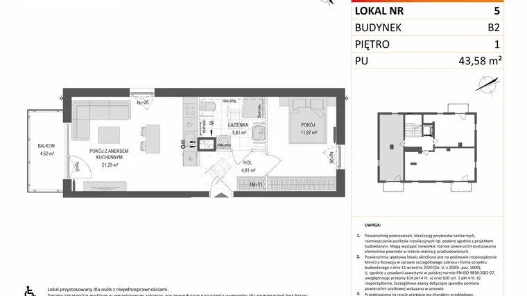 Rzut - Mieszkanie na sprzedaż 2 pokoje o powierzchni 43,58 m² - numer B2.5 w Gdańskie Zacisze