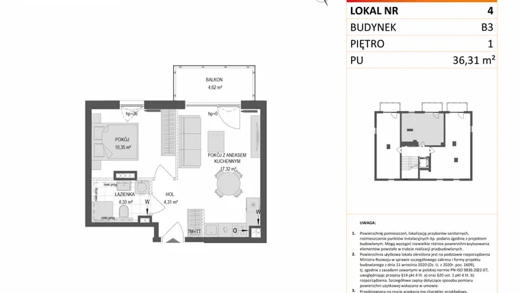 Rzut - Mieszkanie na sprzedaż 2 pokoje o powierzchni 36,31 m² - numer B3.4 w Gdańskie Zacisze