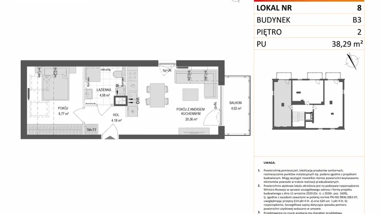 Rzut - Mieszkanie na sprzedaż 2 pokoje o powierzchni 38,29 m² - numer B3.8 w Gdańskie Zacisze