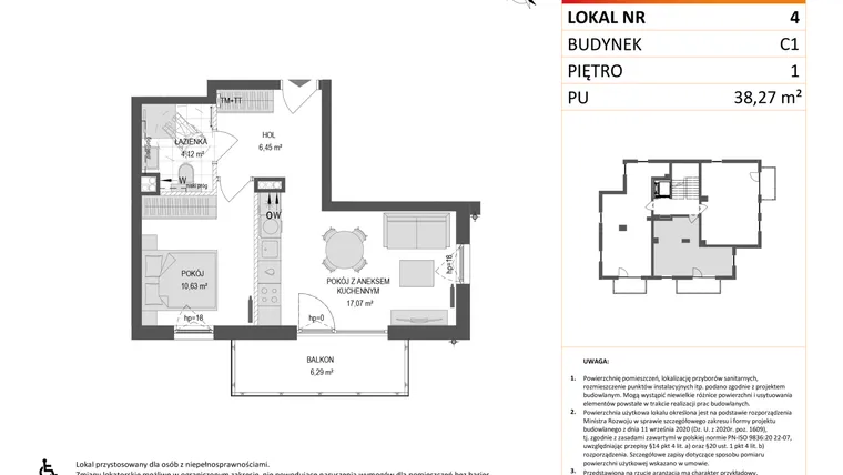 Rzut - Mieszkanie na sprzedaż 2 pokoje o powierzchni 38,27 m² - numer C1.4 w Gdańskie Zacisze