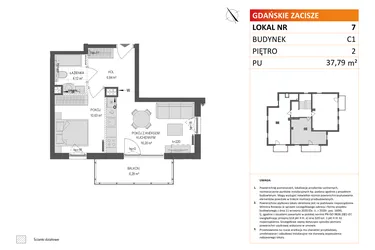 Rzut - Mieszkanie na sprzedaż 2 pokoje o powierzchni 37,79 m² - numer C1.7 w Gdańskie Zacisze