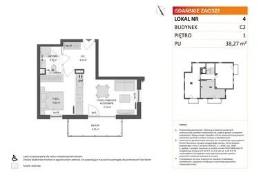 Rzut - Mieszkanie na sprzedaż 2 pokoje o powierzchni 38,27 m² - numer C2.4 w Gdańskie Zacisze