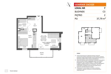 Rzut - Mieszkanie na sprzedaż 2 pokoje o powierzchni 37,8 m² - numer C3.7 w Gdańskie Zacisze