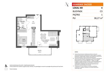 Rzut - Mieszkanie na sprzedaż 2 pokoje o powierzchni 38,26 m² - numer C3.4 w Gdańskie Zacisze