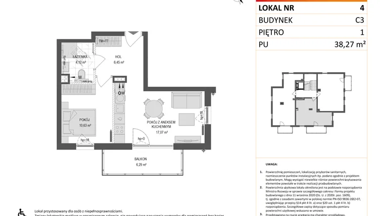 Rzut - Mieszkanie na sprzedaż 2 pokoje o powierzchni 38,26 m² - numer C3.4 w Gdańskie Zacisze
