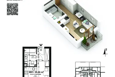 Rzut - Mieszkanie na sprzedaż 1 pokój o powierzchni 25,66 m² - numer 1 w Piano Park etap VI