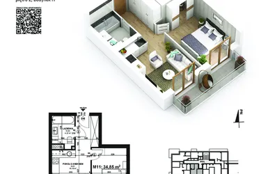 Rzut - Mieszkanie na sprzedaż 2 pokoje o powierzchni 34,85 m² - numer 11 w Piano Park etap VI