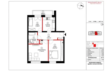 Rzut - Mieszkanie na sprzedaż 3 pokoje o powierzchni 63,59 m² - numer 6 w Czynu Społecznego 65F