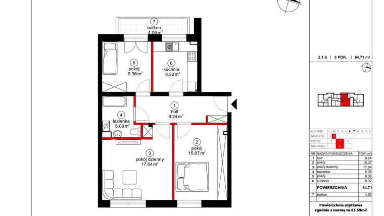 Rzut - Mieszkanie na sprzedaż 3 pokoje o powierzchni 63,59 m² - numer 6 w Czynu Społecznego 65F