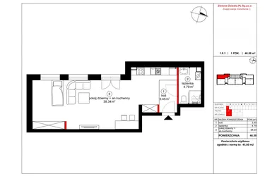 Rzut - Mieszkanie na sprzedaż 2 pokoje o powierzchni 45,6 m² - numer 1 w Czynu Społecznego 65F