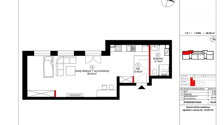 Rzut - Mieszkanie na sprzedaż 2 pokoje o powierzchni 45,6 m² - numer 1 w Czynu Społecznego 65F