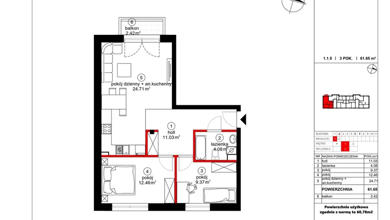 Rzut - Mieszkanie na sprzedaż 3 pokoje o powierzchni 60,78 m² - numer 5 w Czynu Społecznego 65F