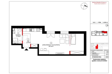 Rzut - Mieszkanie na sprzedaż 2 pokoje o powierzchni 45,6 m² - numer 2 w Czynu Społecznego 65F