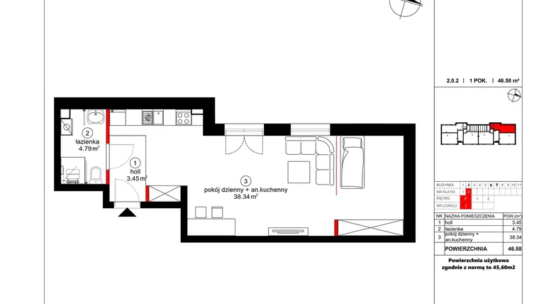 Rzut - Mieszkanie na sprzedaż 2 pokoje o powierzchni 45,6 m² - numer 2 w Czynu Społecznego 65F