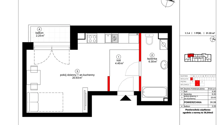 Rzut - Mieszkanie na sprzedaż 1 pokój o powierzchni 30,84 m² - numer 4 w Czynu Społecznego 65F
