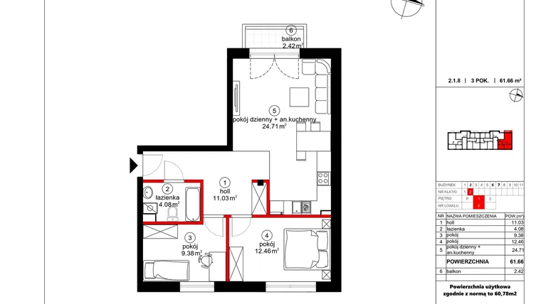 Rzut - Mieszkanie na sprzedaż 3 pokoje o powierzchni 60,78 m² - numer 8 w Czynu Społecznego 65F