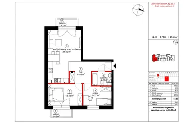 Rzut - Mieszkanie na sprzedaż 3 pokoje o powierzchni 60,53 m² - numer 11 w Czynu Społecznego 65F