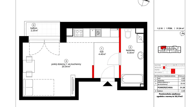 Rzut - Mieszkanie na sprzedaż 1 pokój o powierzchni 30,57 m² - numer 10 w Czynu Społecznego 65F