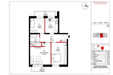 Rzut - Mieszkanie na sprzedaż 3 pokoje o powierzchni 63,51 m² - numer 12 w Czynu Społecznego 65F