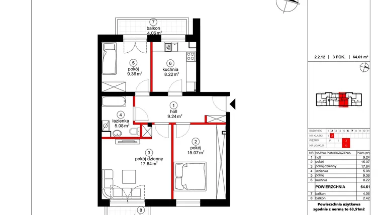 Rzut - Mieszkanie na sprzedaż 3 pokoje o powierzchni 63,51 m² - numer 12 w Czynu Społecznego 65F